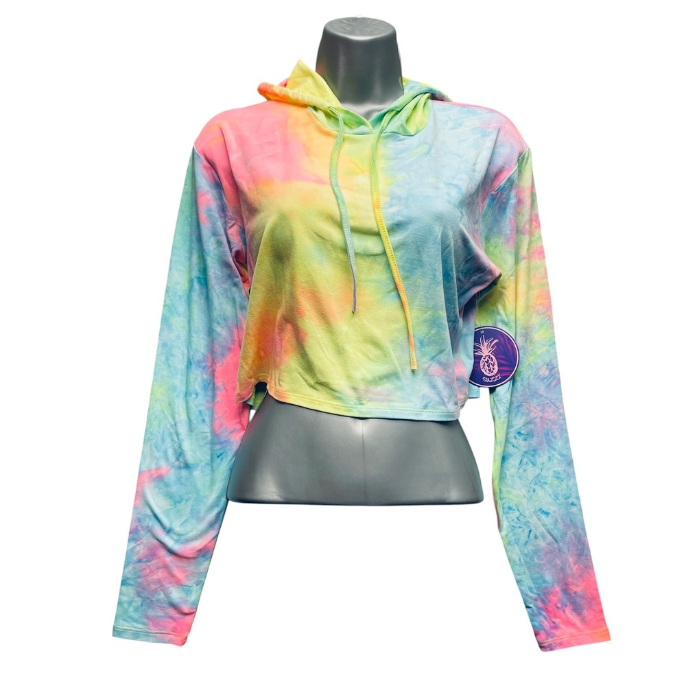 SUZZI Women Cropped Hoodie Pastel Tie Dye Rayon Small Festival Streetwear